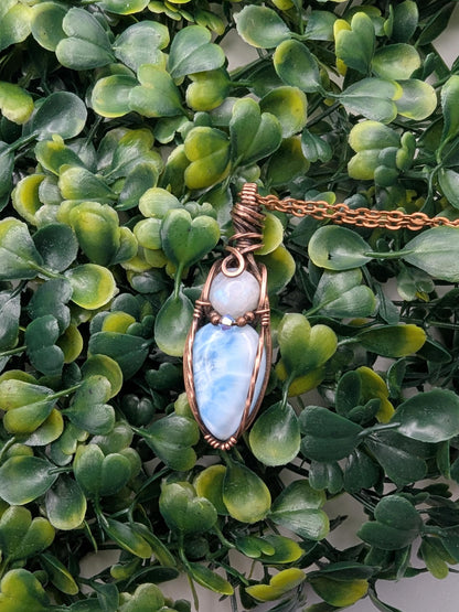 Larimar and Moonstone Pendant - copper wire wrapped - wiccan jewelry - witch pendant - blue necklace - double gemstone pendant