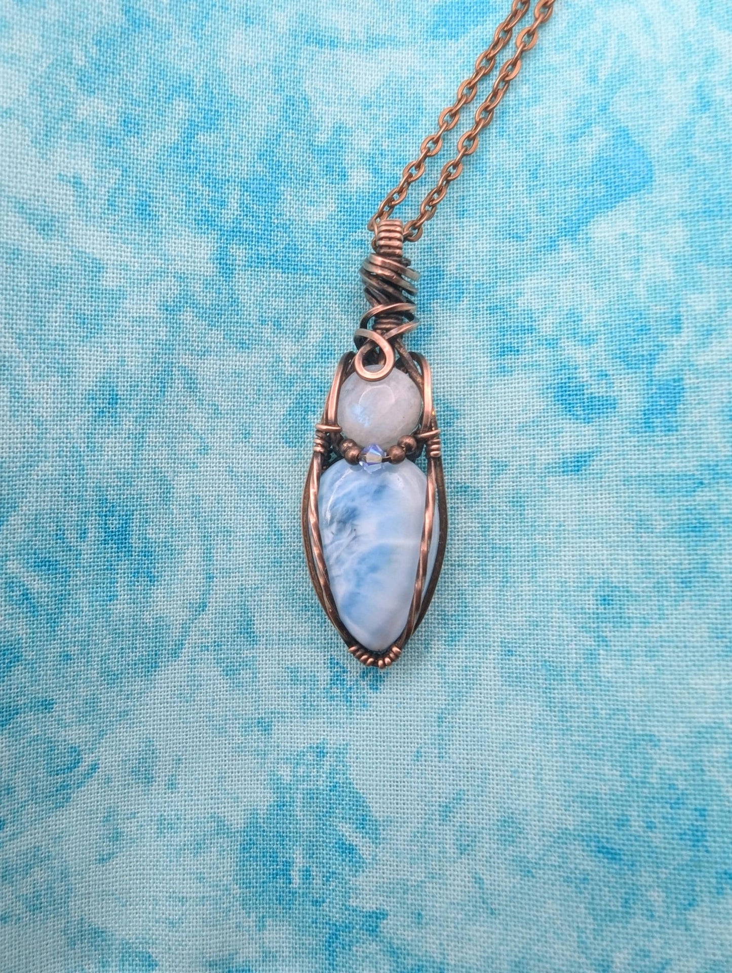 Larimar and Moonstone Pendant - copper wire wrapped - wiccan jewelry - witch pendant - blue necklace - double gemstone pendant