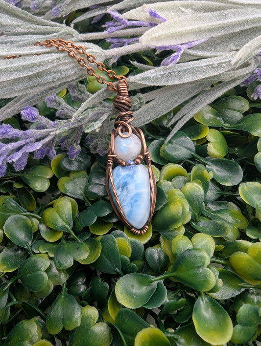 Larimar and Moonstone Pendant - copper wire wrapped - wiccan jewelry - witch pendant - blue necklace - double gemstone pendant