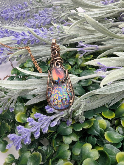 Double Aurora Opal Starry Pendant - copper wire wrapped jewelry - gemstone pendant - wiccan pendant - witchy pendant - rainbow necklace