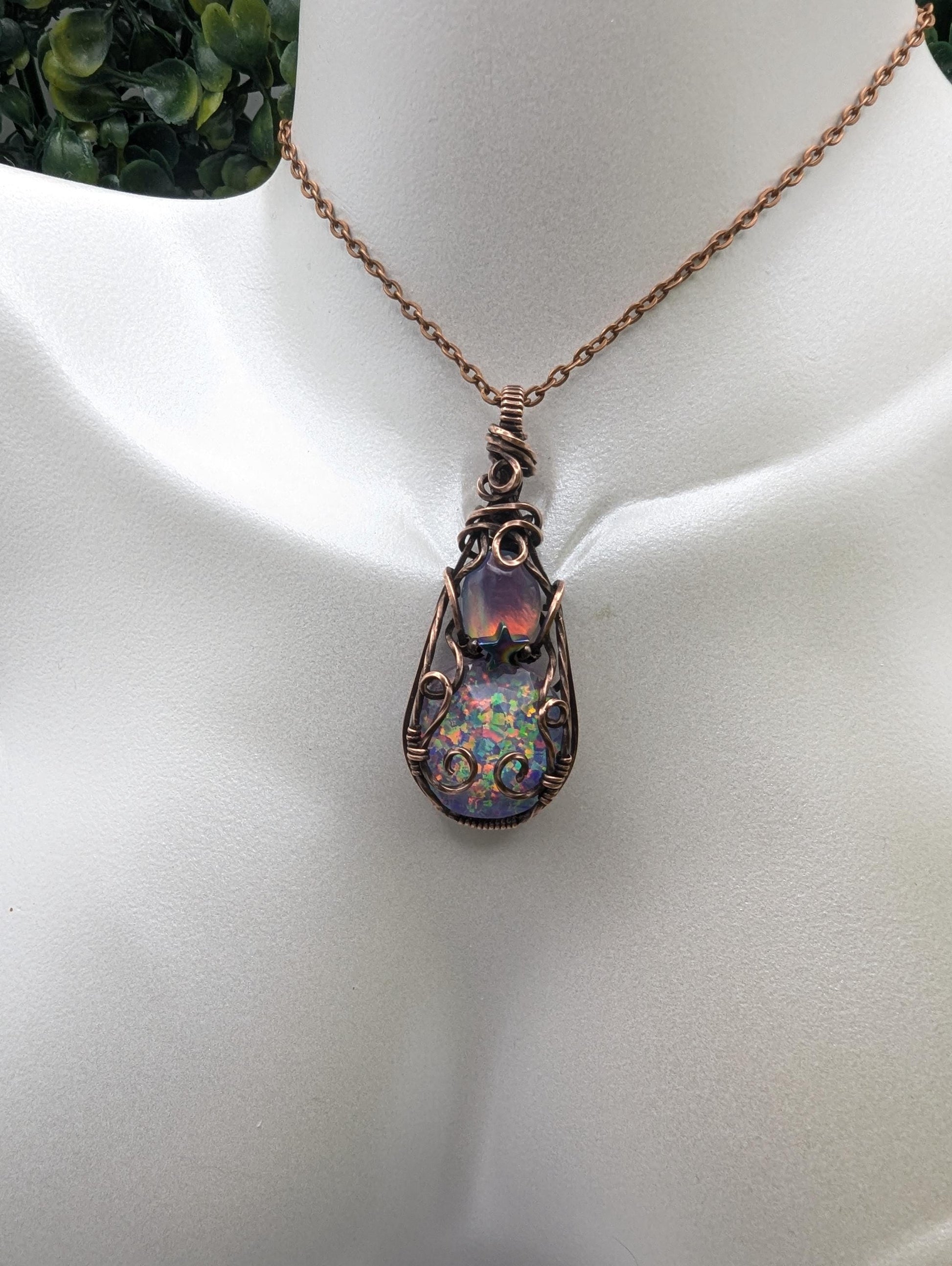 Double Aurora Opal Starry Pendant - copper wire wrapped jewelry - gemstone pendant - wiccan pendant - witchy pendant - rainbow necklace