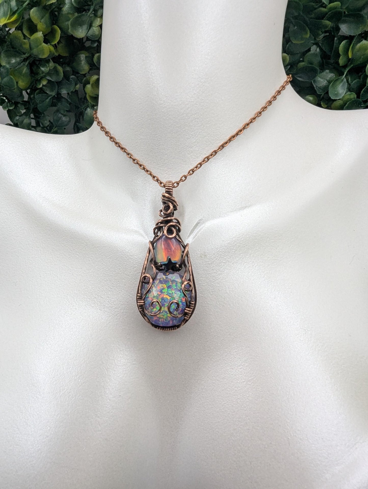 Double Aurora Opal Starry Pendant - copper wire wrapped jewelry - gemstone pendant - wiccan pendant - witchy pendant - rainbow necklace