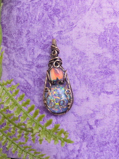 Aurora opal double gemstone pendant wire wrapped in Copper