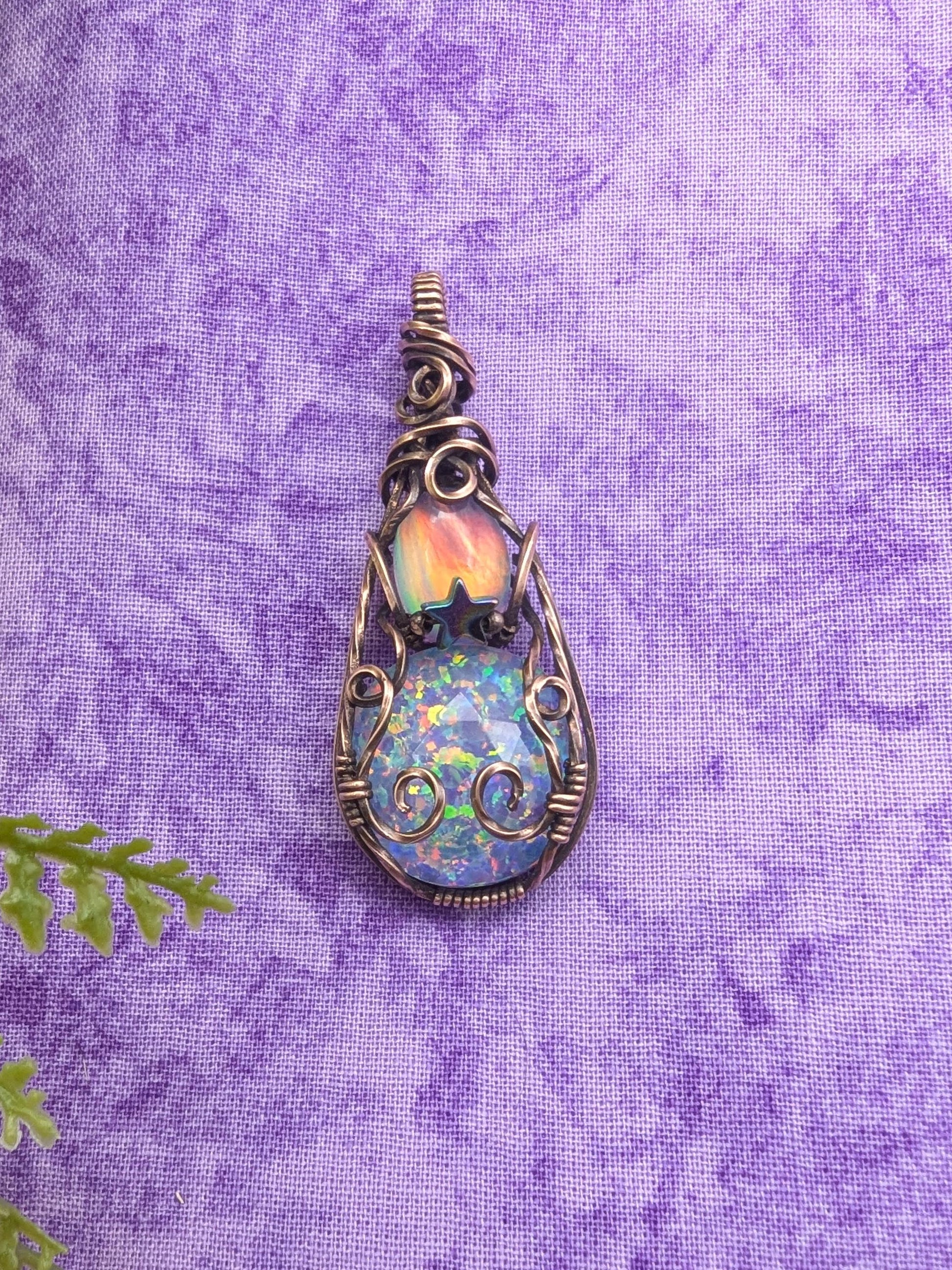 Double Aurora Opal Starry Pendant - copper wire wrapped jewelry - gemstone pendant - wiccan pendant - witchy pendant - rainbow necklace