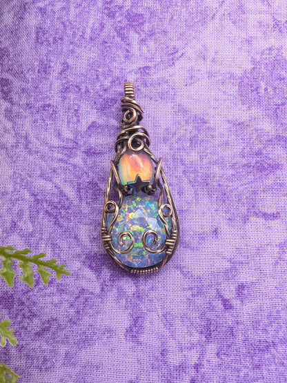 Double Aurora Opal Starry Pendant - copper wire wrapped jewelry - gemstone pendant - wiccan pendant - witchy pendant - rainbow necklace