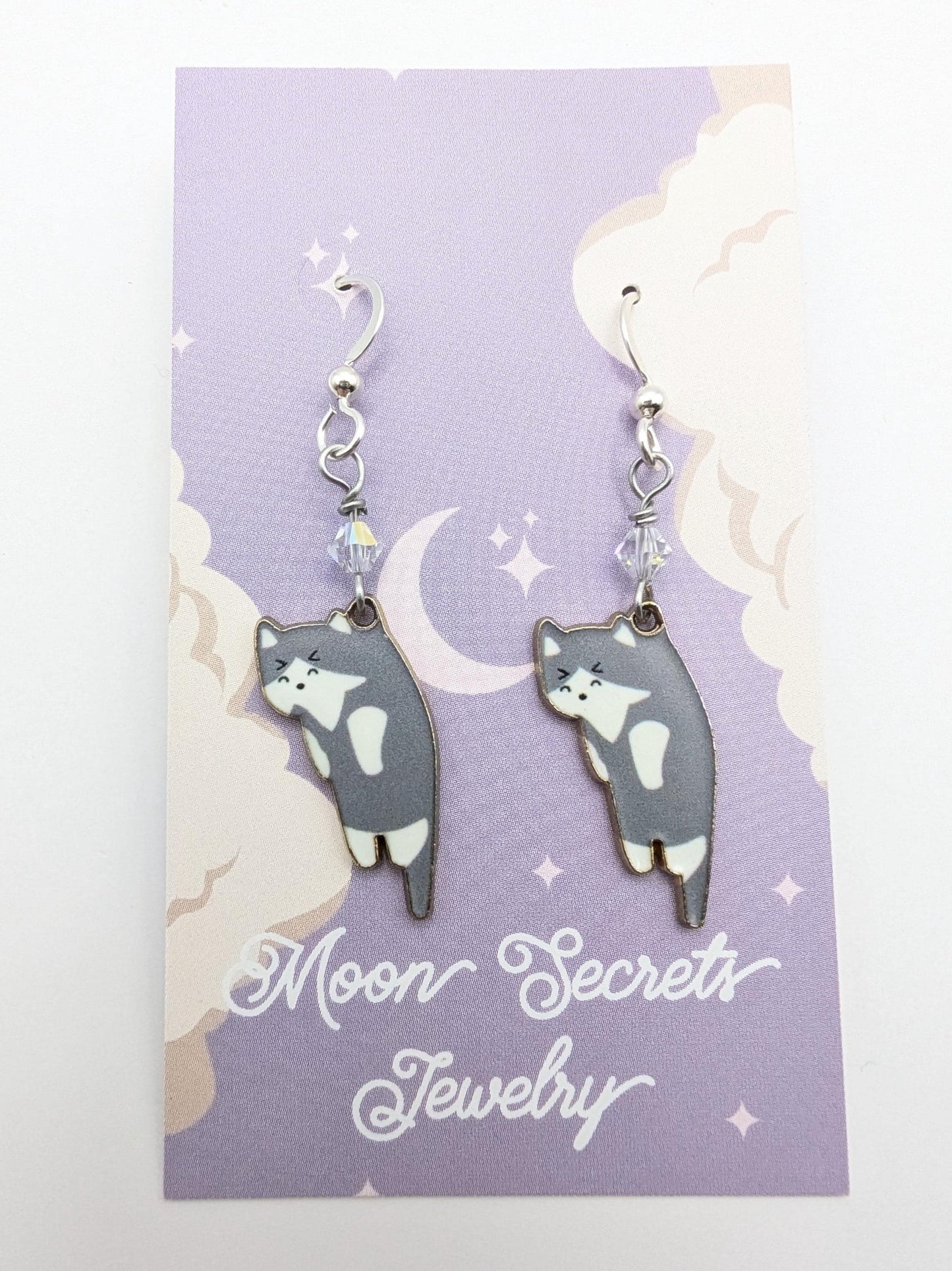 Sterling silver cute cat earrings - tabby cat jewelry - dangle cat earrings - calico cat - tuxedo cat - Siamese Cat - vet earrings - crystal