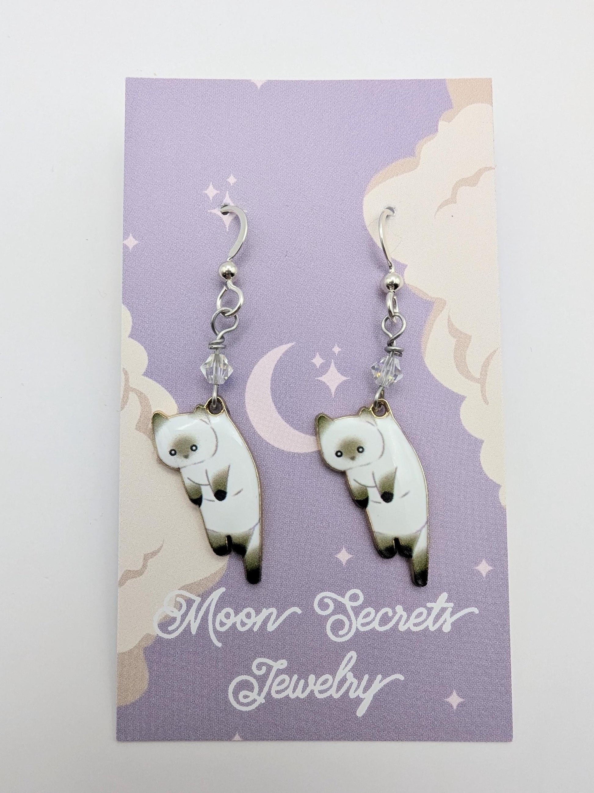 Sterling silver cute cat earrings - tabby cat jewelry - dangle cat earrings - calico cat - tuxedo cat - Siamese Cat - vet earrings - crystal