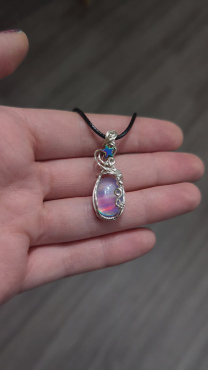 Aurora Opal Starry Pendant - Sterling Silver wire wrapped