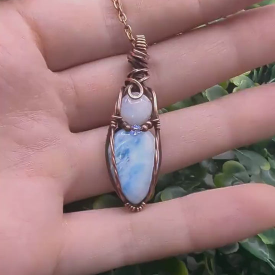 Larimar and Moonstone Pendant - copper wire wrapped - wiccan jewelry - witch pendant - blue necklace - double gemstone pendant