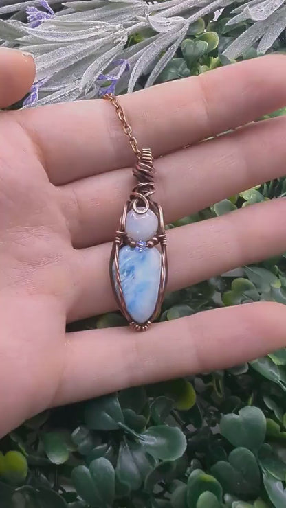 Larimar and Moonstone Pendant - copper wire wrapped - wiccan jewelry - witch pendant - blue necklace - double gemstone pendant