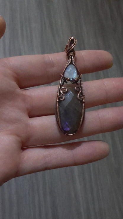 Mini Regal Radiance Pendant - moonstone and purple labradorite copper wire wrapped