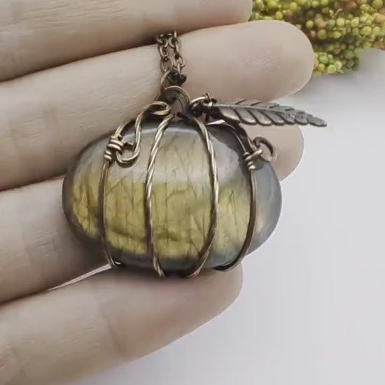 Labradorite Pumpkin Halloween Pendant - copper wire wrapped jewelry - gothic witchy pendant - gift for her