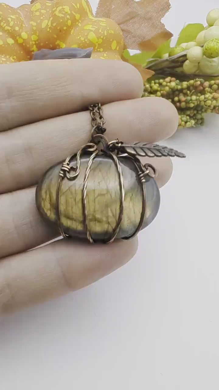 Labradorite Pumpkin Halloween Pendant - copper wire wrapped jewelry - gothic witchy pendant - gift for her