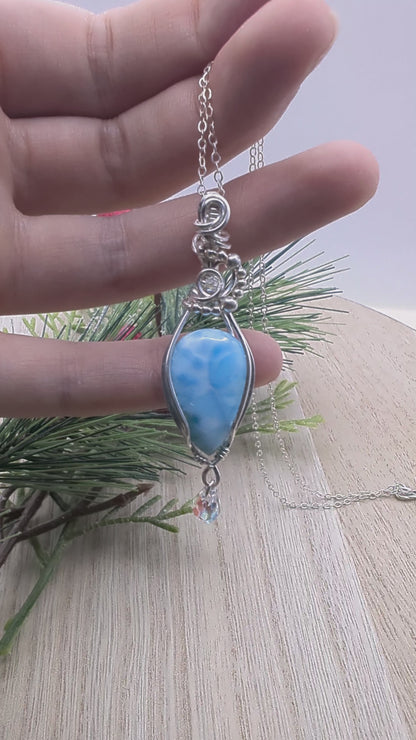 Larimar Raining Crystals Pendant - sterling silver wire wrapped