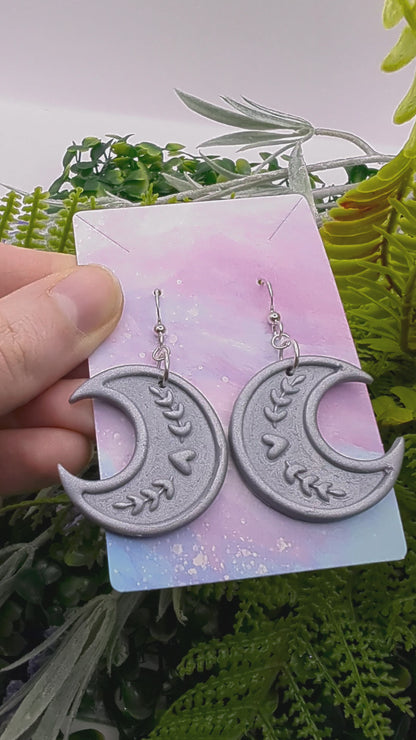 Moon earrings silver shimmer floral