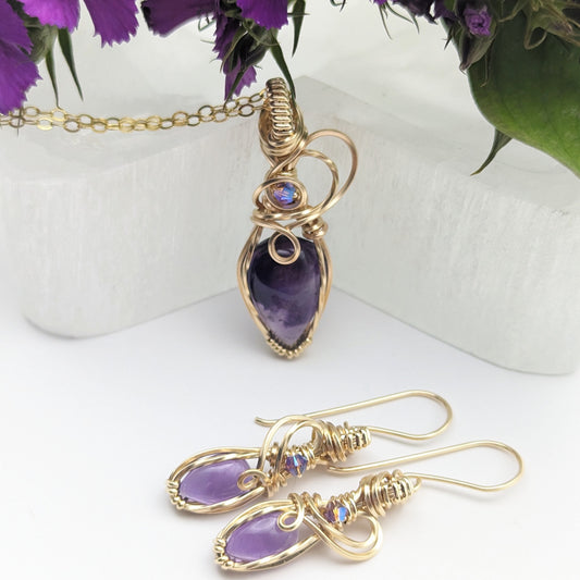 Fairy Amethyst Jewelry Set - 14k gold filled wire wrapped