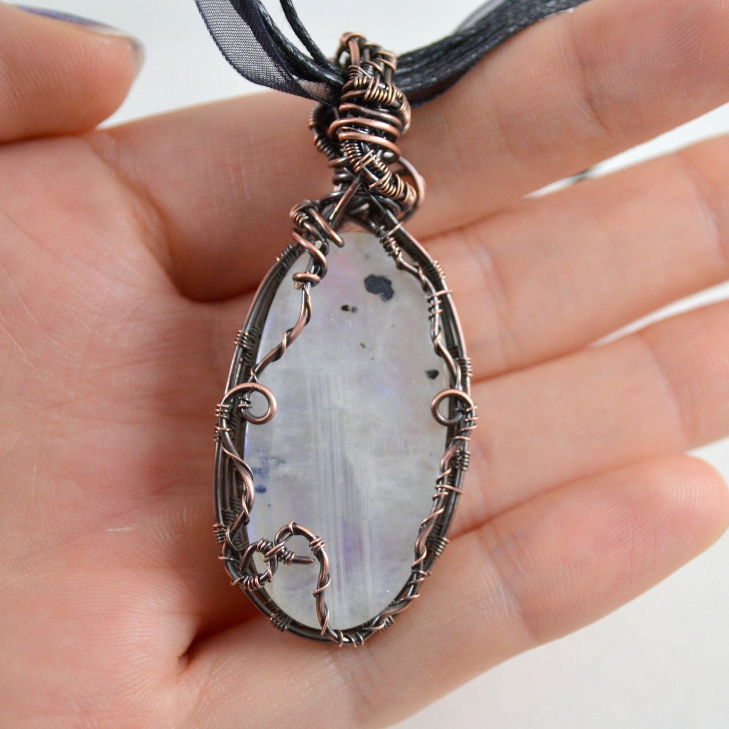 Winter Wonderland Moonstone Pendant - copper wire wrapped