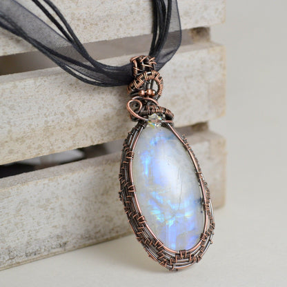 Winter Wonderland Moonstone Pendant - copper wire wrapped