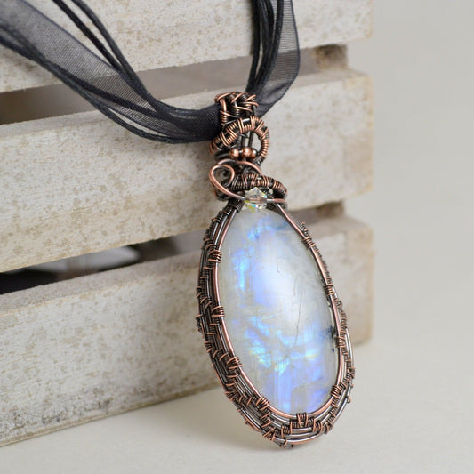 Winter Wonderland Moonstone Pendant - copper wire wrapped