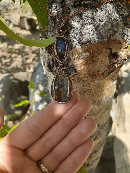 Enchanted Double Labradorite Pendant - copper wire wrapped