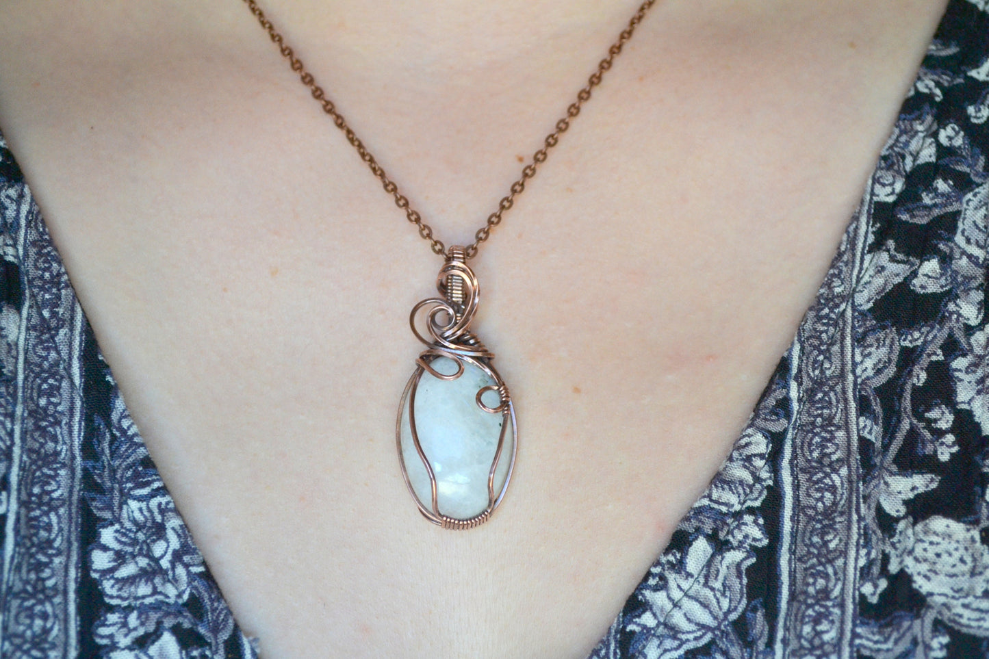 Celtic Moonstone Pendant - copper wire wrapped