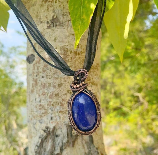 Dark Lapis Lazuli Pendant - antiqued copper wire wrapped