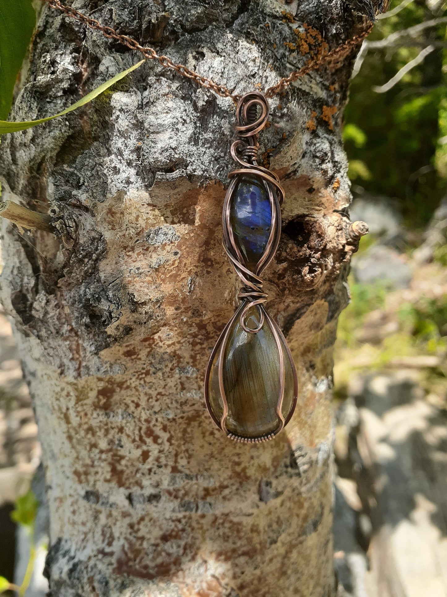 Enchanted Double Labradorite Pendant - copper wire wrapped