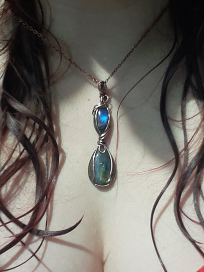 Enchanted Double Labradorite Pendant - copper wire wrapped