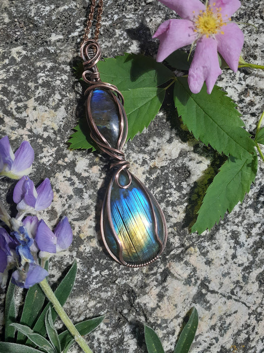 Enchanted Double Labradorite Pendant - copper wire wrapped