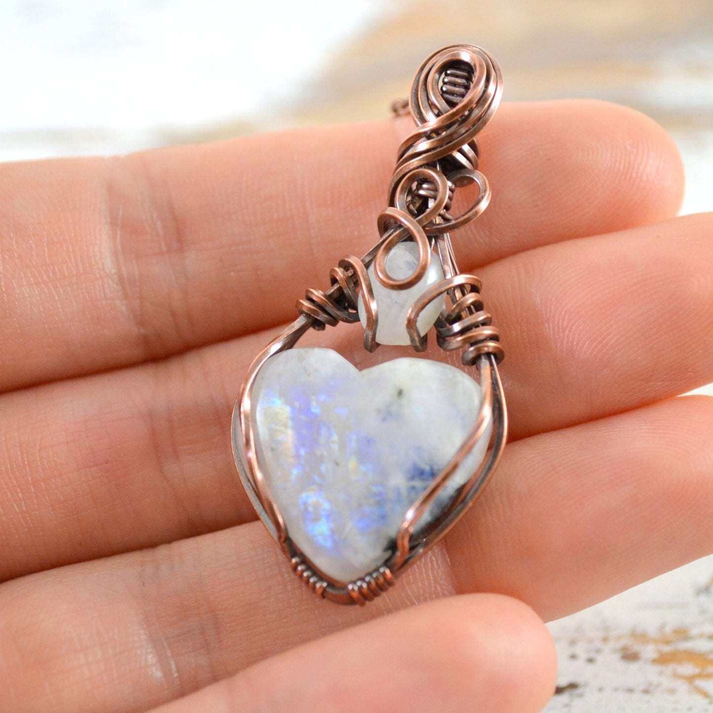 Twisted Fate Love Pendant - moonstone copper wire wrapped