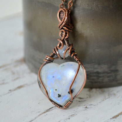 Double Love Moonstone Pendant - copper wire wrapped