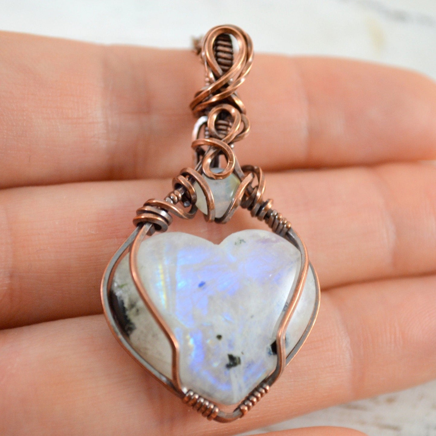 Double Love Moonstone Pendant - copper wire wrapped
