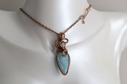 Sky Blue Larimar and Moonstone pendant - copper wire wrapped