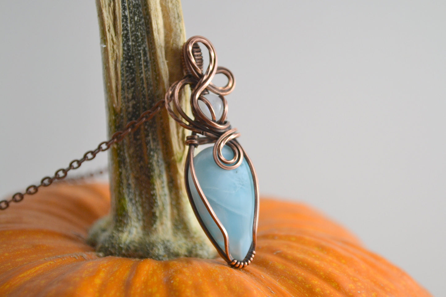 Sky Blue Larimar and Moonstone pendant - copper wire wrapped