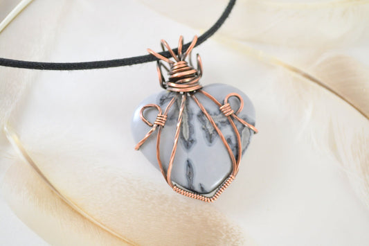 Snowy Love Pendant - maligano jasper copper wire wrapped