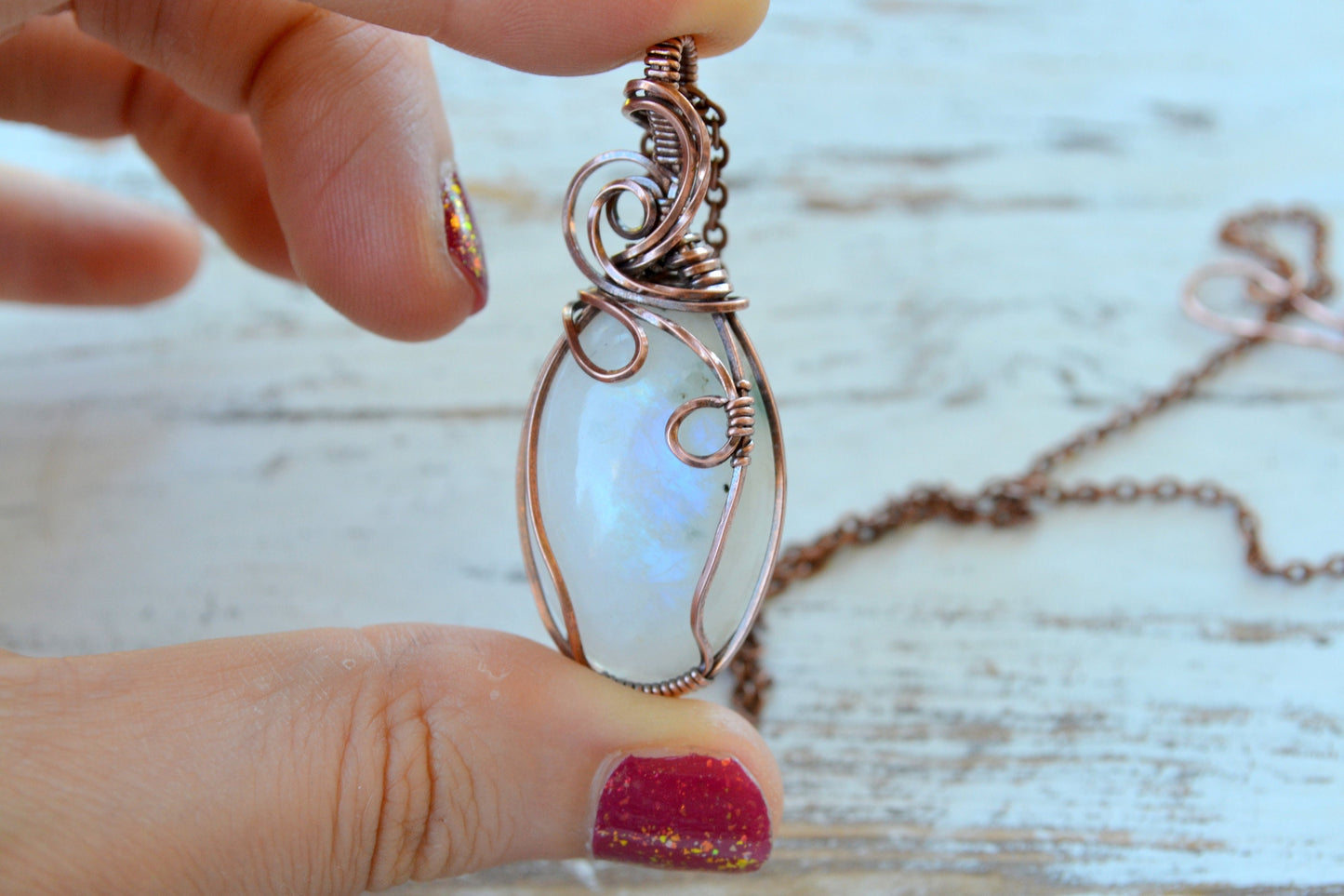 Celtic Moonstone Pendant - copper wire wrapped