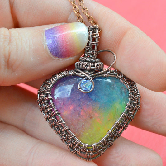 Quartz Rainbow Heart Pendant - copper wire wrapped