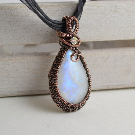 Sparkling Moonstone Pendant - copper wire wrapped