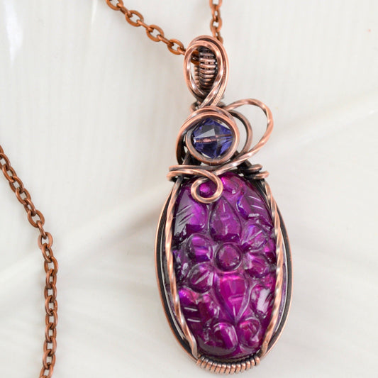 Flower Etched Purple Labradorite Pendant - copper wire wrapped