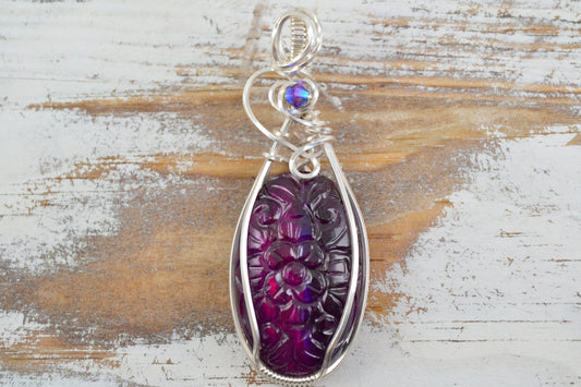 Purple Labradorite Etched Pendant - sterling silver wire wrapped