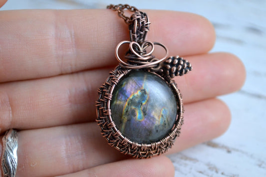 Labradorite Pinecone Pendant - copper wire wrapped