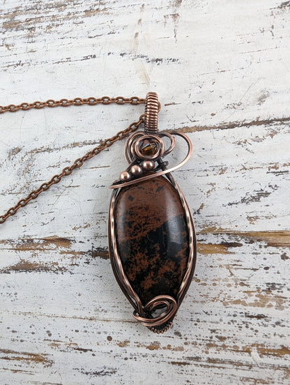 Mahogany Obsidian Pendant - copper wire wrapped