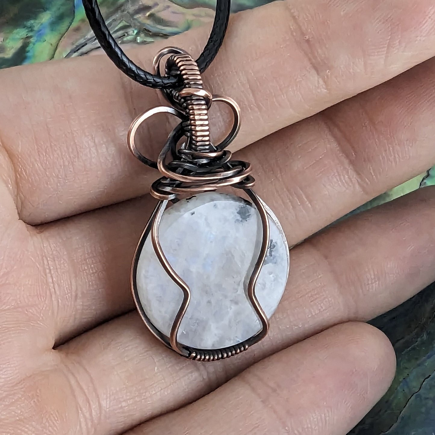 Crystal Ball Moonstone Pendant - copper wire wrapped