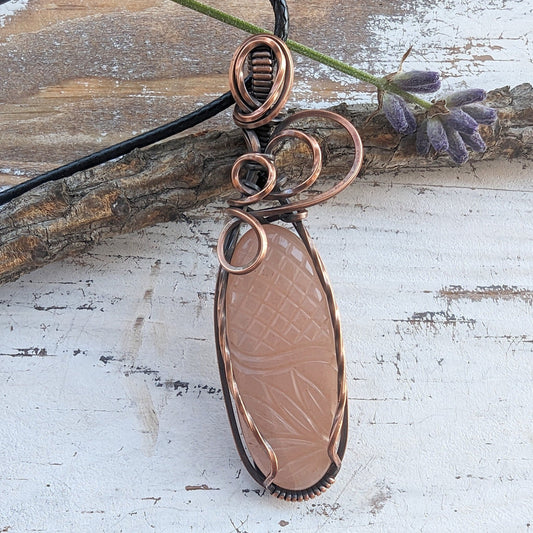 Etched Peach Moonstone Pendant - copper wire wrapped