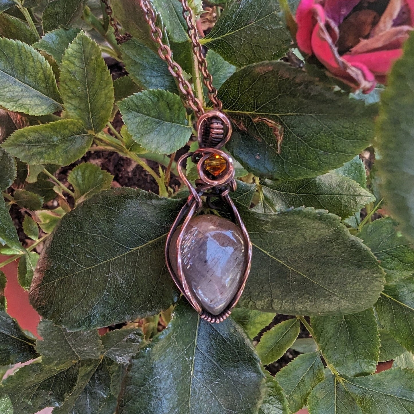 Sunstone pendant - copper wire wrapped