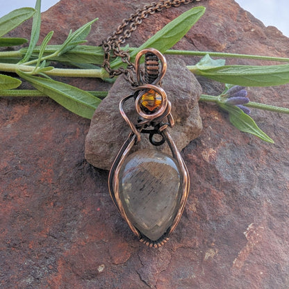 Sunstone pendant - copper wire wrapped