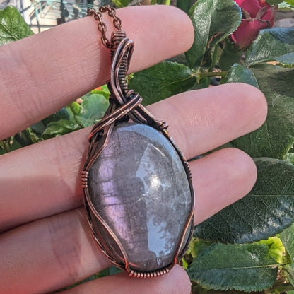 Purple Color Shifting Labradorite Pendant - copper wire wrapped