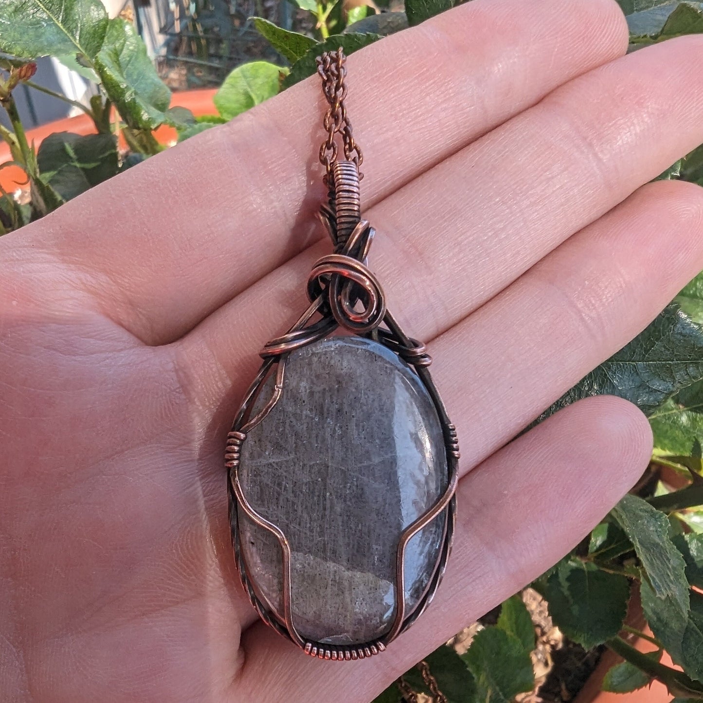 Purple Color Shifting Labradorite Pendant - copper wire wrapped