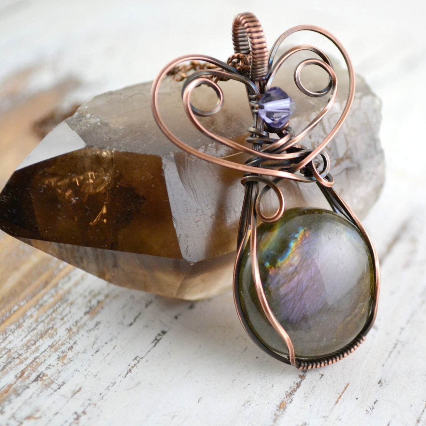 Medievel Love pendant - purple labradorite copper wire wrapped