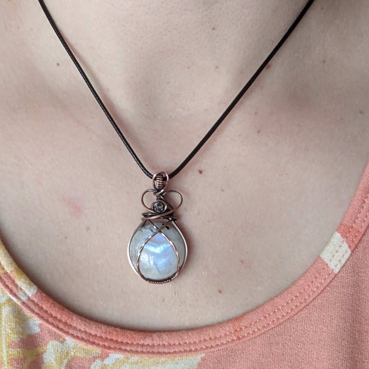 Crystal Ball Moonstone Pendant - copper wire wrapped